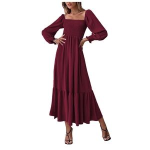 Anna-Kaci Women's Square Neck Shirred Ruffle Hem Long Sleeve Maxi Dress Wine Red
